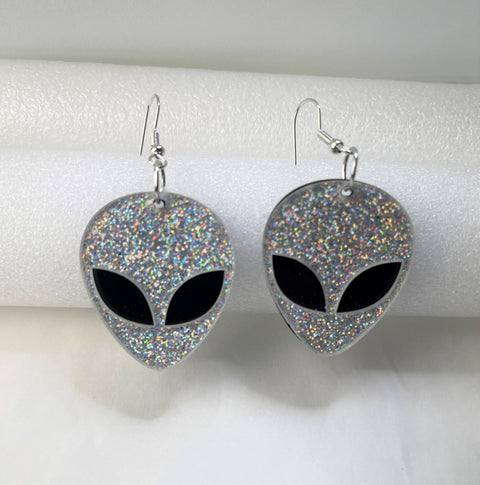 Silver Glitter Alien Earrings