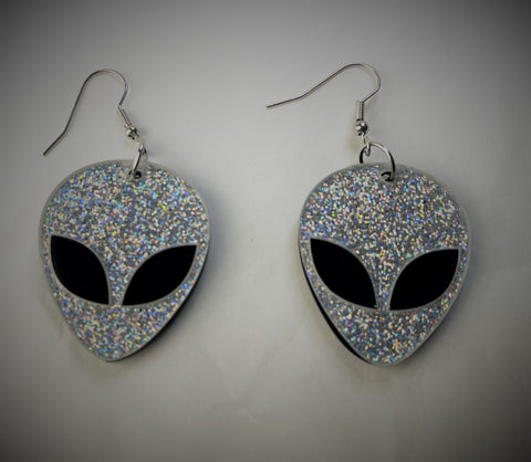 Silver Glitter Alien Earrings