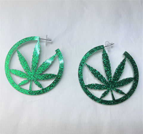 Green Glitter Marijuana Leaf Earrings