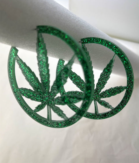 Green Glitter Marijuana Leaf Earrings