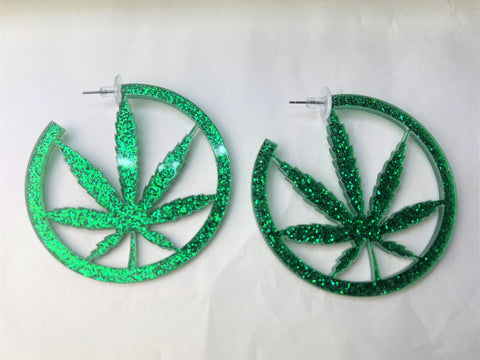 Green Glitter Marijuana Leaf Earrings