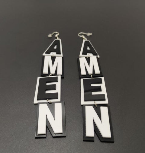 Huge Long Amen Black & White Earrings