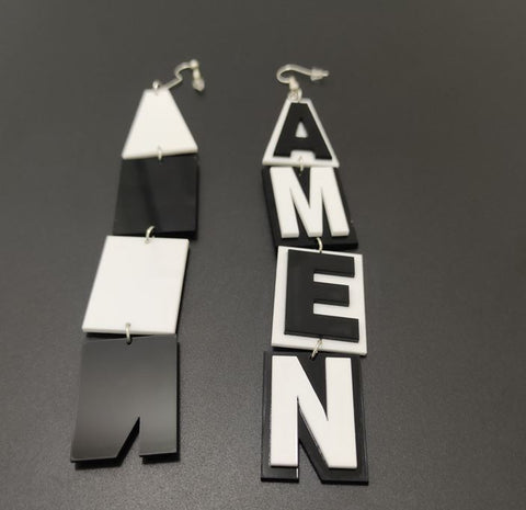 Huge Long Amen Black & White Earrings