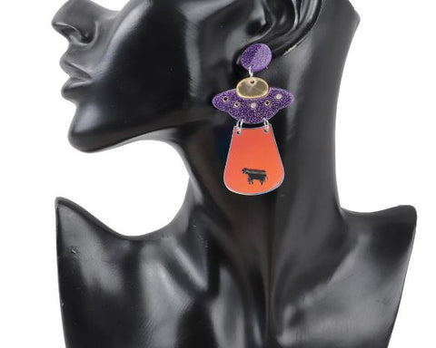 Purple Flying Saucer UFO Alien Earrings
