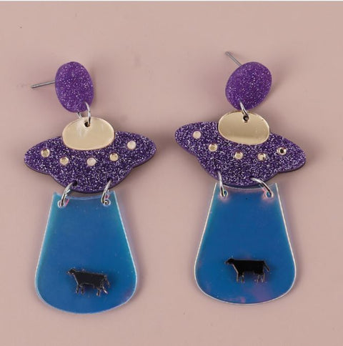 Purple Flying Saucer UFO Alien Earrings