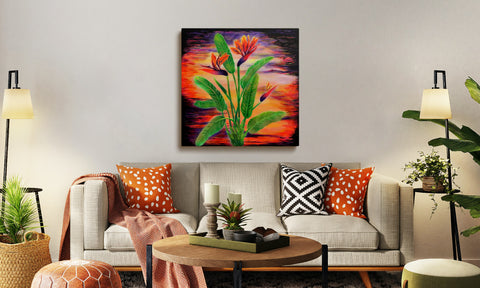 Neon Bird of Paradise Flowers Painting