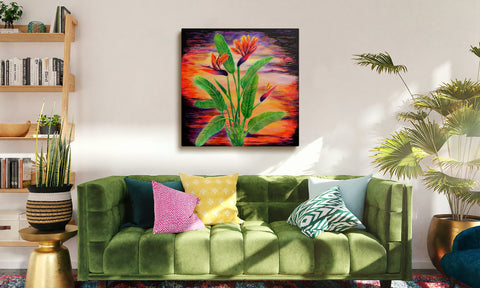 Neon Bird of Paradise Flowers Painting