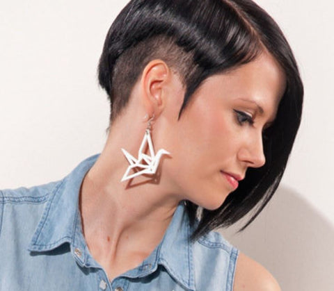 White Geometric Swan Earrings