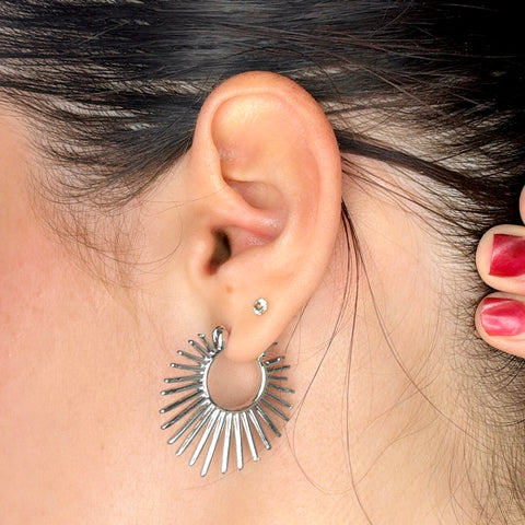 Edgy Sunburst Spike Silver Hinged Hoop Earrings