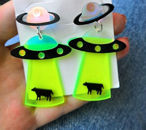 Neon Flying Saucer UFO Alien Earrings