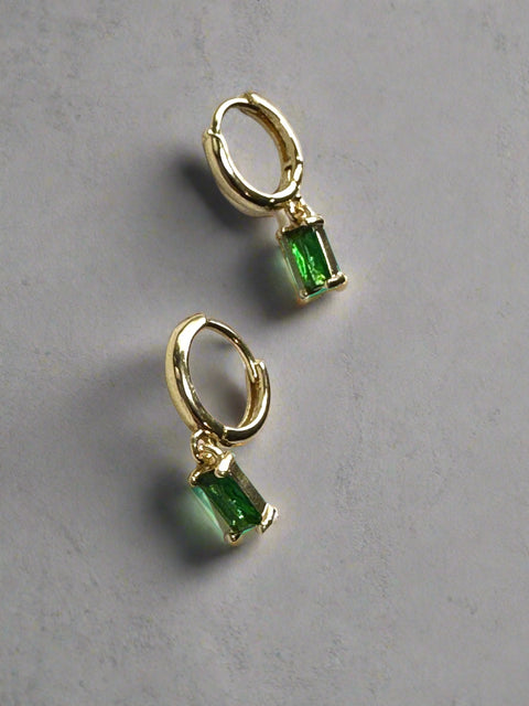 Dainty Emerald Green Baguette Gold Huggie Sleeper Earrings