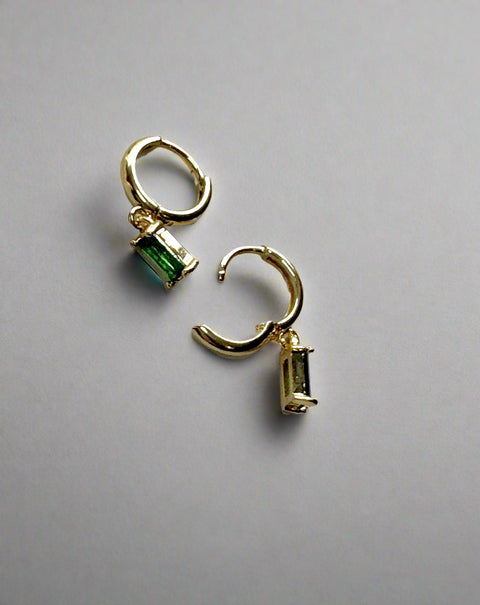 Dainty Emerald Green Baguette Gold Huggie Sleeper Earrings