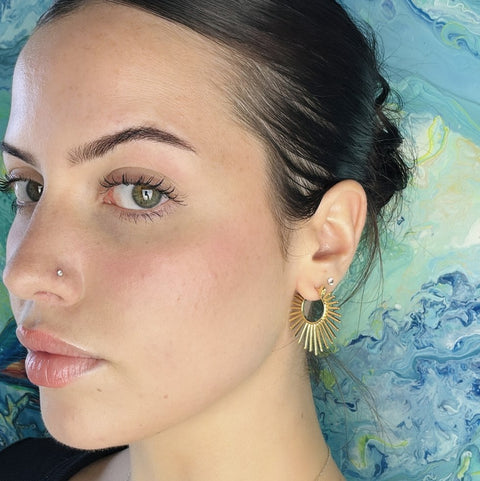 Edgy Sunburst Gold Spike Hinged Hoop Earrings
