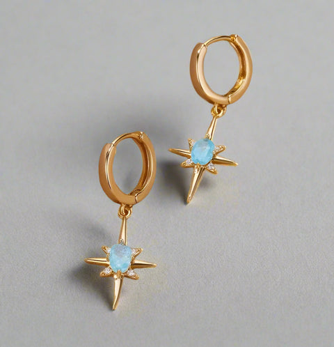 Dainty Turquoise Star Sparkle Charm Gold Huggie Earrings