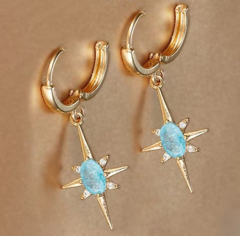 Dainty Turquoise Star Sparkle Charm Gold Huggie Earrings