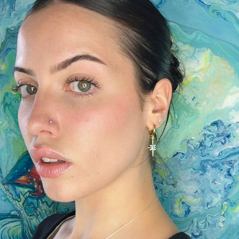 Dainty Turquoise Star Sparkle Charm Gold Huggie Earrings