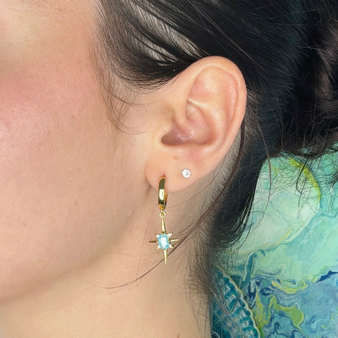 Dainty Turquoise Star Sparkle Charm Gold Huggie Earrings