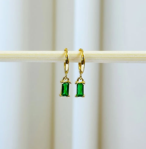 Gold Huggie Earrings Green Baguette Sparkly Charm