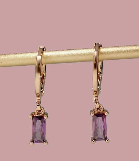 Gold Huggie Earrings Purple Baguette Sparkly Charm