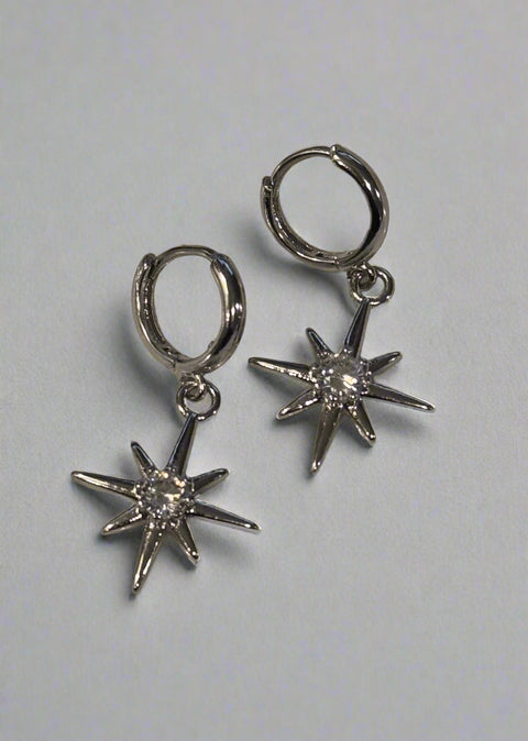Dainty Star Sparkle Charm Silver Huggie Earrings