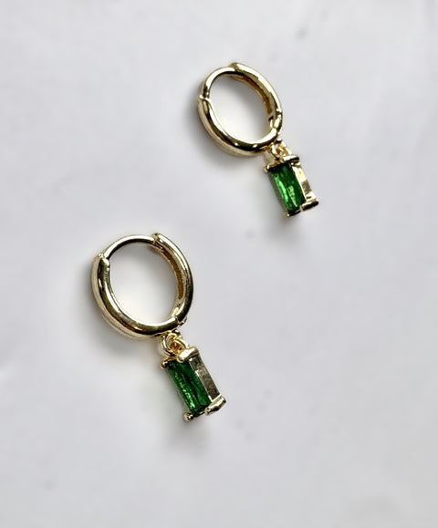 Dainty Emerald Green Baguette Gold Huggie Sleeper Earrings