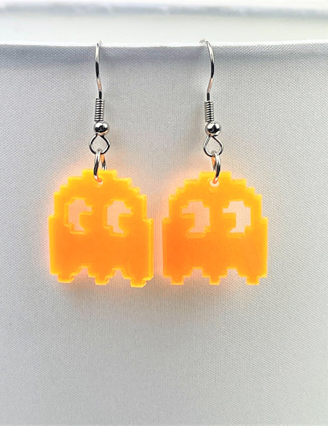 Neon Orange Pac-Man Clyde Ghost Earrings