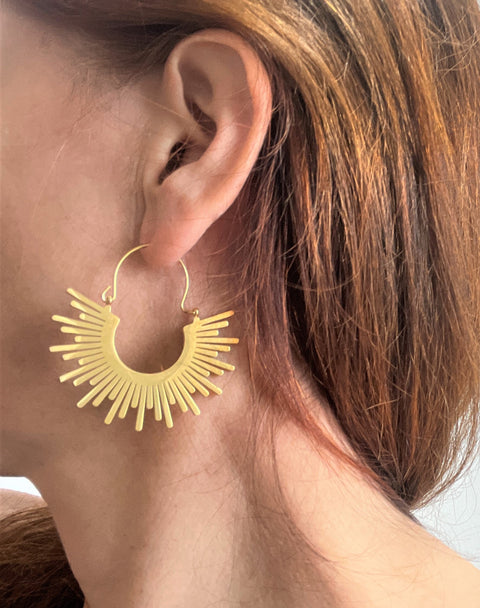 Gold Sunburst Metal Hoop Earrings