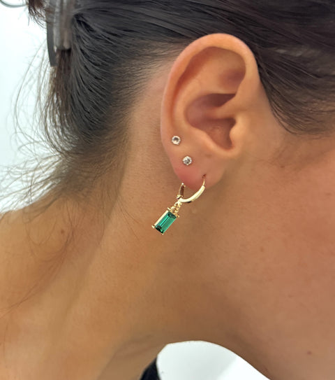 Gold Huggie Earrings Green Baguette Sparkly Charm