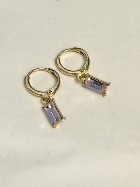 Gold Huggie Earrings Purple Baguette Sparkly Charm