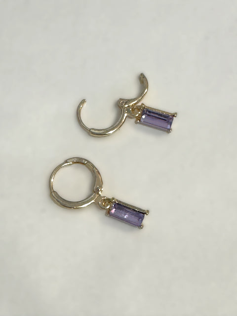 Gold Huggie Earrings Purple Baguette Sparkly Charm