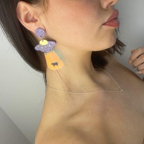 Purple Flying Saucer UFO Alien Earrings