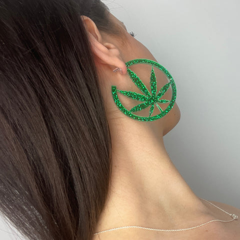 Green Glitter Marijuana Leaf Earrings