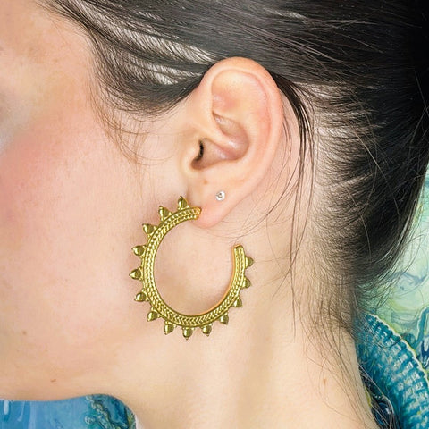 Large Gold Hoops Earrings on Studs Sun Greek Latin Style