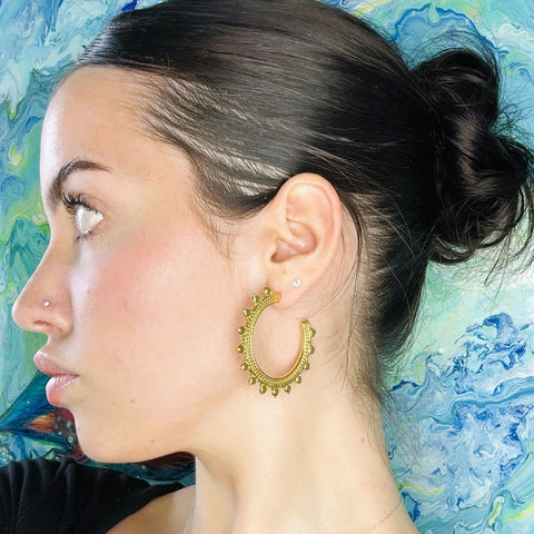 Large Gold Hoops Earrings on Studs Sun Greek Latin Style