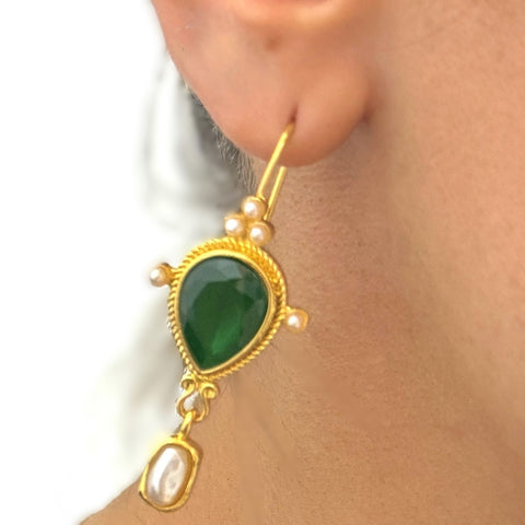 Green Pearl Drop Gold Vintage Roman Earrings