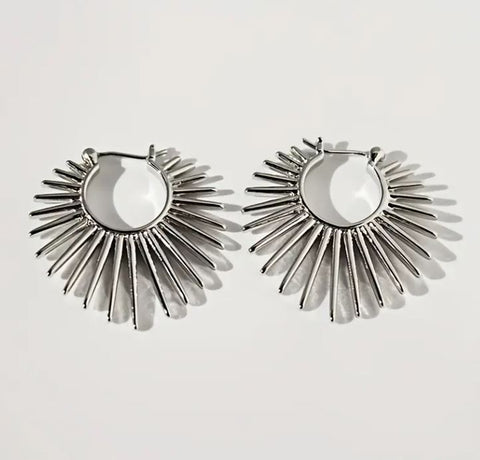 Edgy Sunburst Spike Silver Hinged Hoop Earrings