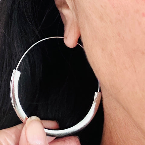 Large Silver Crescent Hoop Earrings