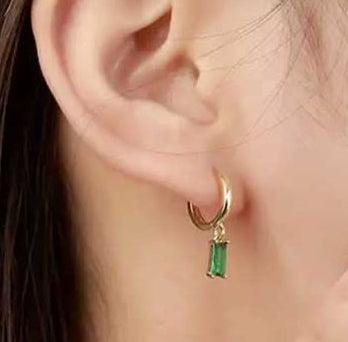 Dainty Emerald Green Baguette Gold Huggie Sleeper Earrings