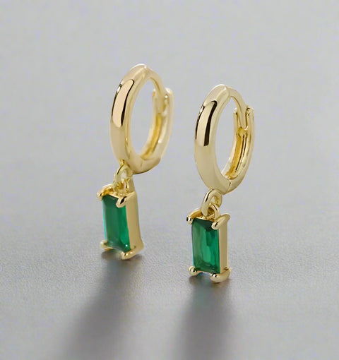 Dainty Emerald Green Baguette Gold Huggie Sleeper Earrings