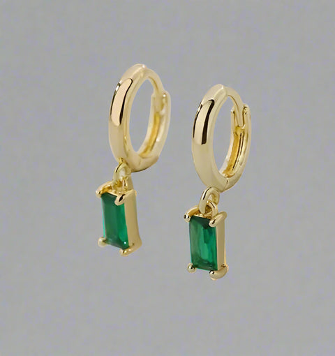 Dainty Emerald Green Baguette Gold Huggie Sleeper Earrings