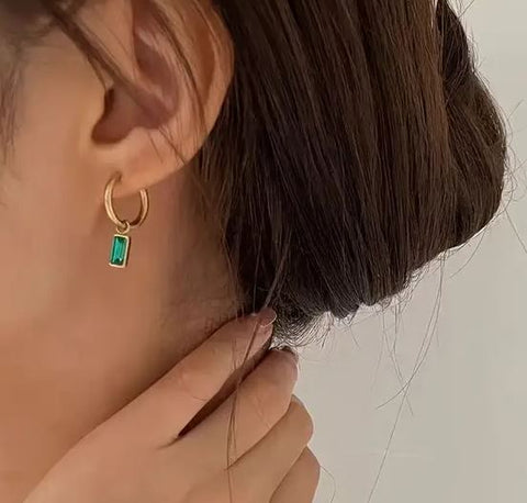 Dainty Emerald Green Baguette Gold Huggie Sleeper Earrings