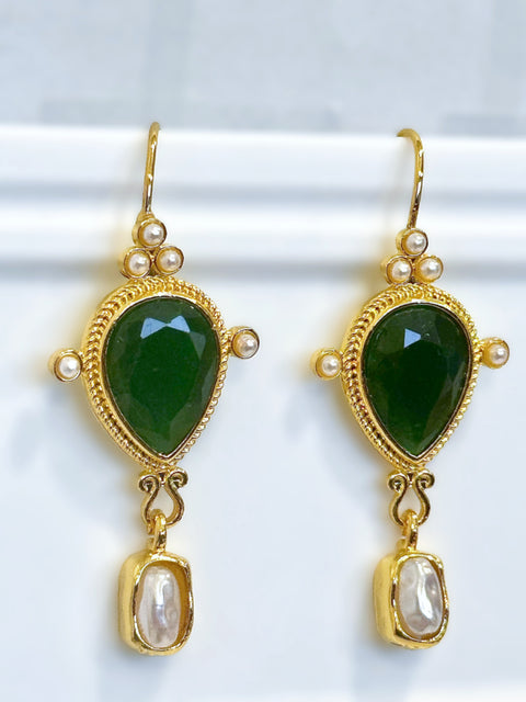 Green Pearl Drop Gold Vintage Roman Earrings