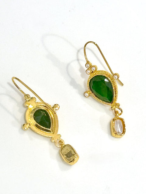 Green Pearl Drop Gold Vintage Roman Earrings