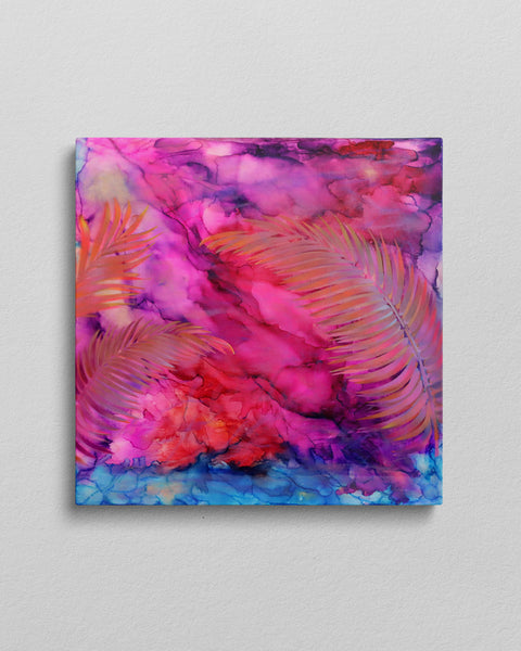 Hahei Sunset | Pink Purple Blue Gold Kiokio 3 Ferns | Buy NZ art online | Stirling Art.