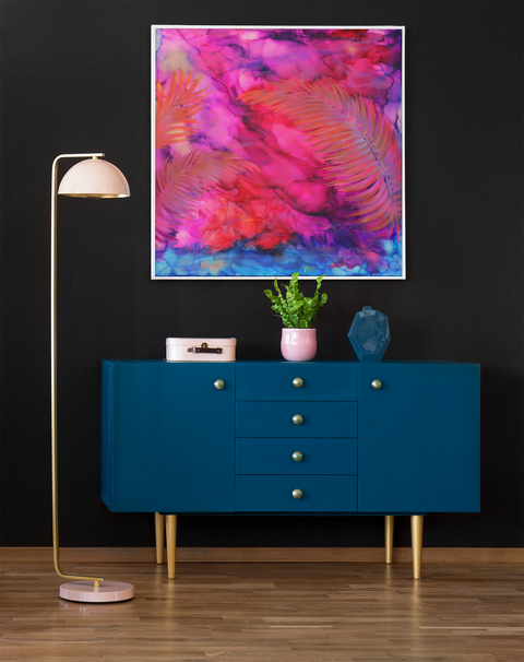 Hahei Sunset | Pink Purple Blue Gold Kiokio 3 Ferns | Buy NZ art online | Stirling Art.