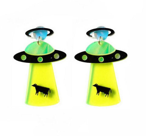 Neon Flying Saucer UFO Alien Earrings