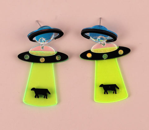 Neon Flying Saucer UFO Alien Earrings