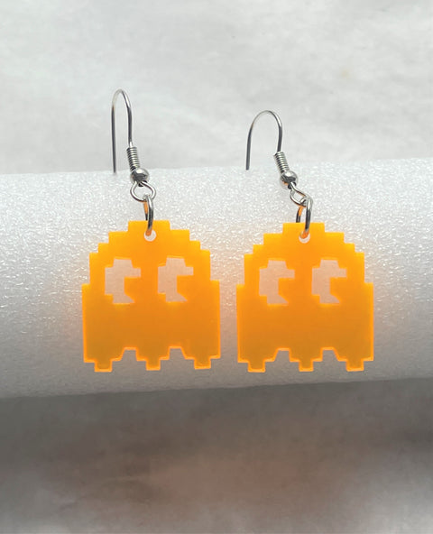 Neon Orange Pac-Man Clyde Ghost Earrings