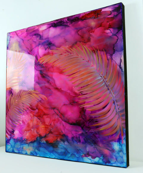 Hahei Sunset | Pink Purple Blue Gold Kiokio 3 Ferns | Buy NZ art online | Stirling Art.