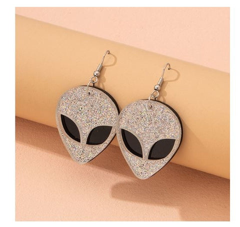 Silver Glitter Alien Earrings